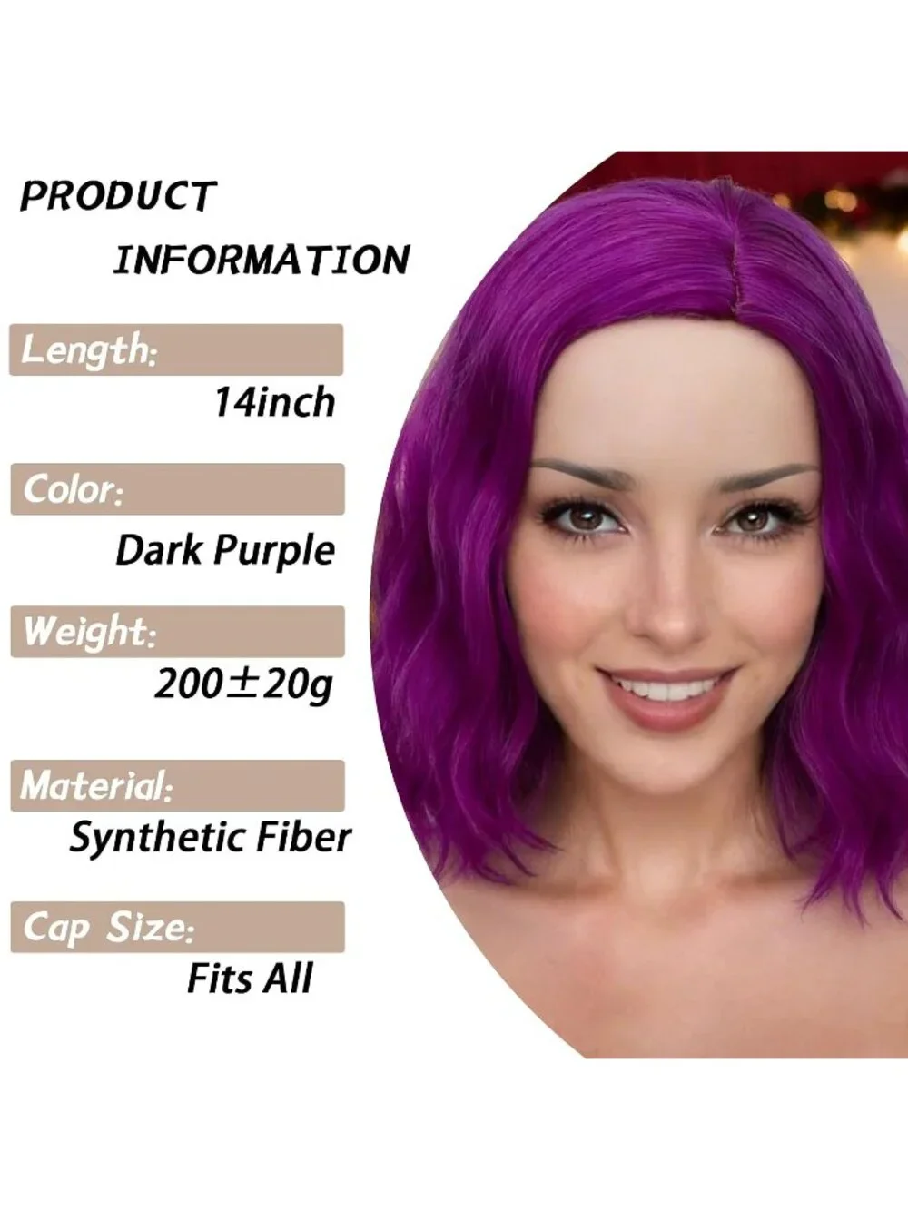 Women's 14 Inch Purple Dark Wavy Bob Wig Short Curly Synthetic Heat Resistant